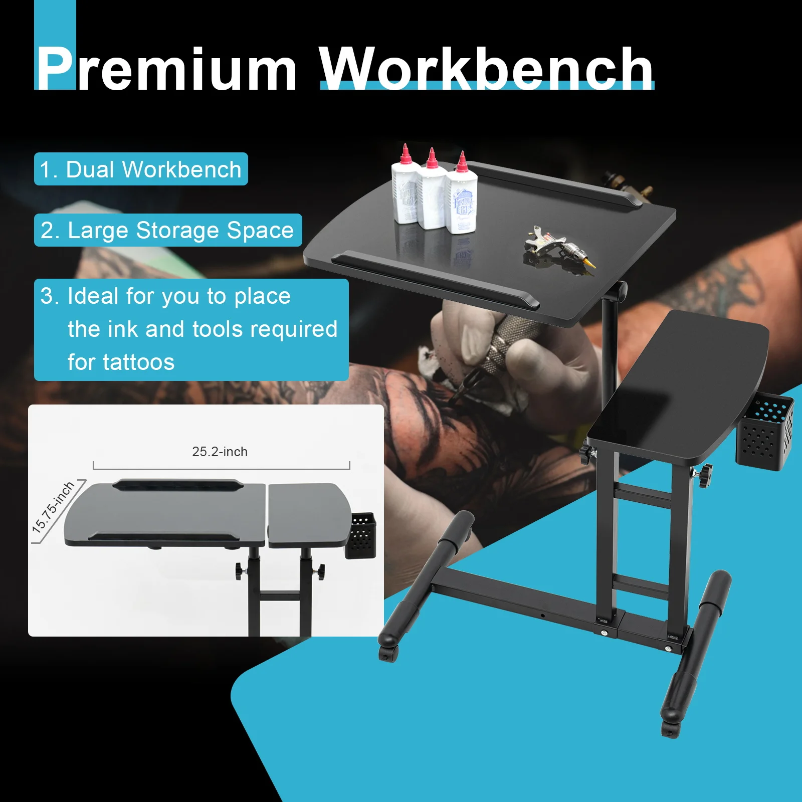 Black Adjustable Tattoo Workbench Stand Iron Density Board Baked Paint with Universal Wheels for Studio Home - Image 3