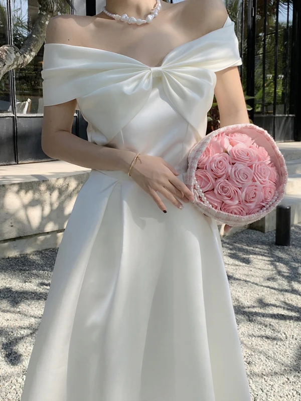 Silk Satin Birthday Dr Long Skirt One oulder Fairy Princ Dr with Bowtie High Waist Formal Evening Gown for Women - Image 5