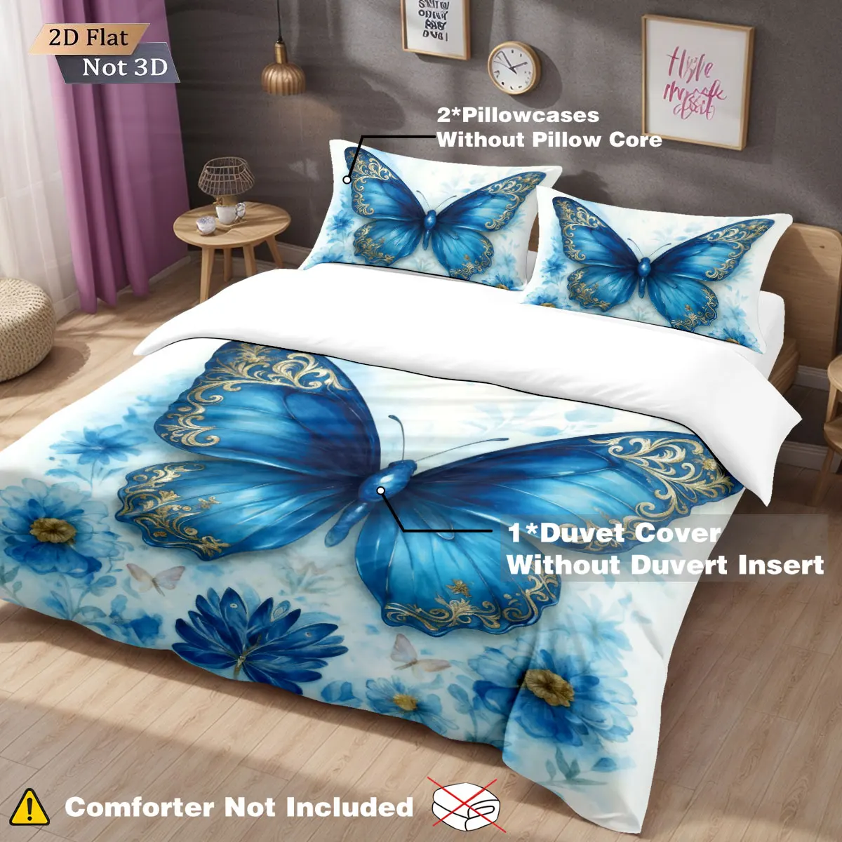 3pcs blue butterfly printed coreless bedding set, comfortable multi size bedroom and dormitory duvet covers, machine washable