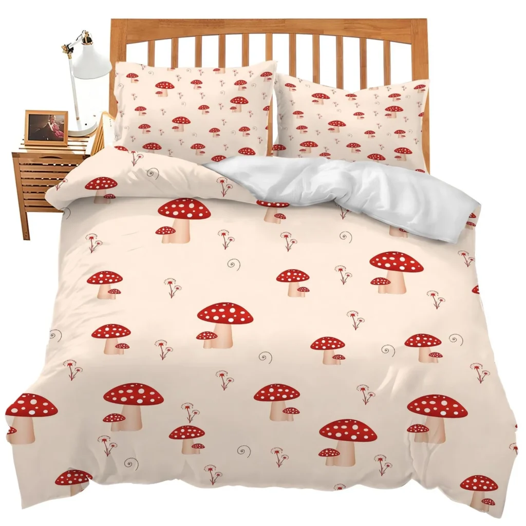 Red cartoon mushroom three piece duvet set, digital printed bedding set, bed cover