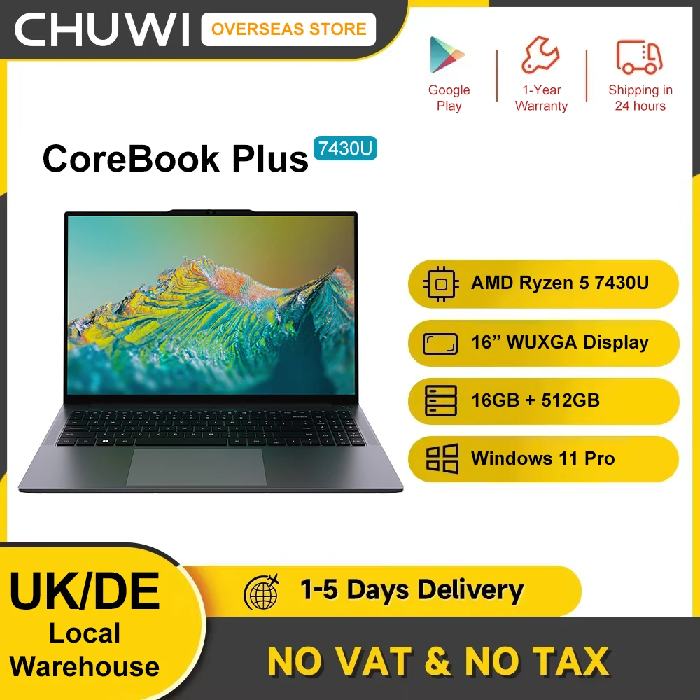 CHUWI Laptop CoreBook Plus AMD R5 7430U Win11 16-inch IPS Screen Gaming Computer 65W Fast Charge 16GB DDR4 512GB SSD Portable PC