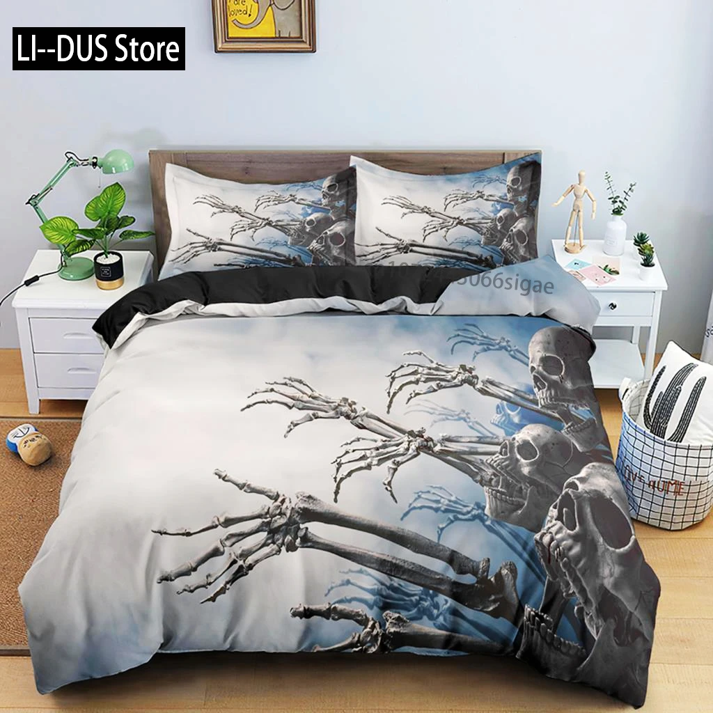 White And Black Skull Gothic Duvet Cover Skeletal Bedding Set Quilt Cover With Zipper Closure Queen Size Comforter Sets Decor - Image 4