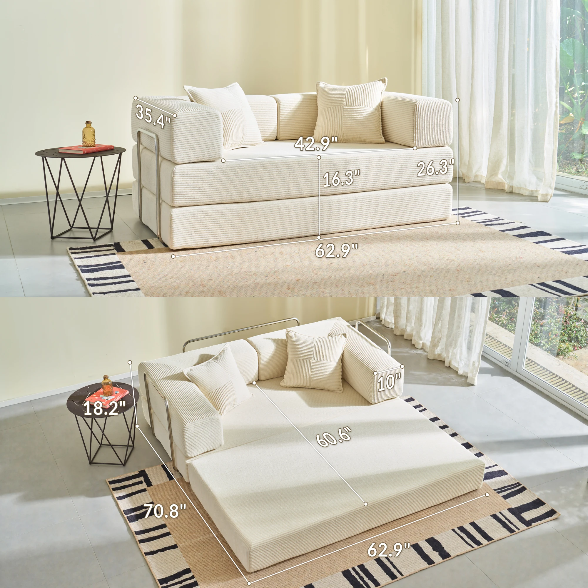 Foldable Sofa Bed, 62'' Folding Floor Couch, Compressed Convertable Sleeper Sofa, Memory Foam Couch with Pillow Back Support Ar - Image 4