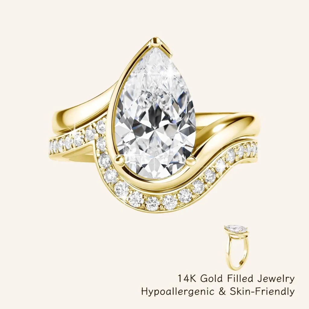 Sparkling 2 pcs Stackable Bridal Ring Set 14K Gold Filled 3ct Pear Cut Moissanite Engagement Wedding Band Jewelry Gift for Women
