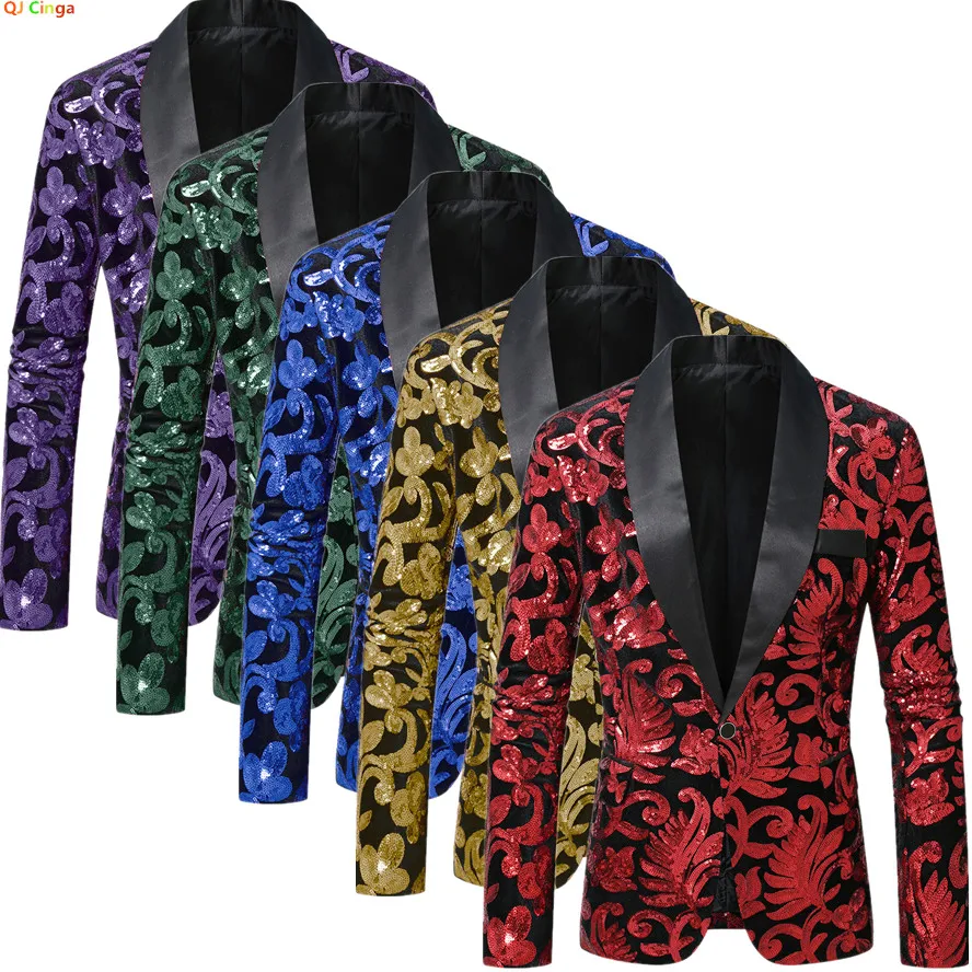 Shiny Sequin Embellished Single Button Stage Performance Outerwear in Blue Gold Green Purple Options for Men's Red Suit Jacket - Image 6