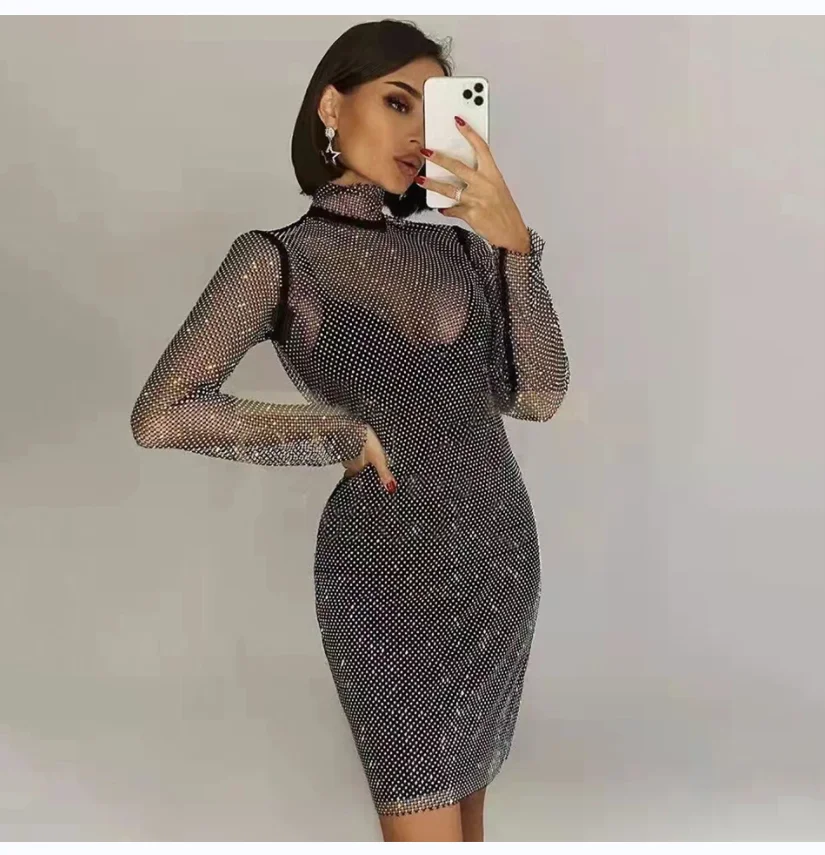 Autumn New Rhinestone Sexy Slim Mid-length High Neck Dress Glitter Bottoming Skirt Party Dress Dresses