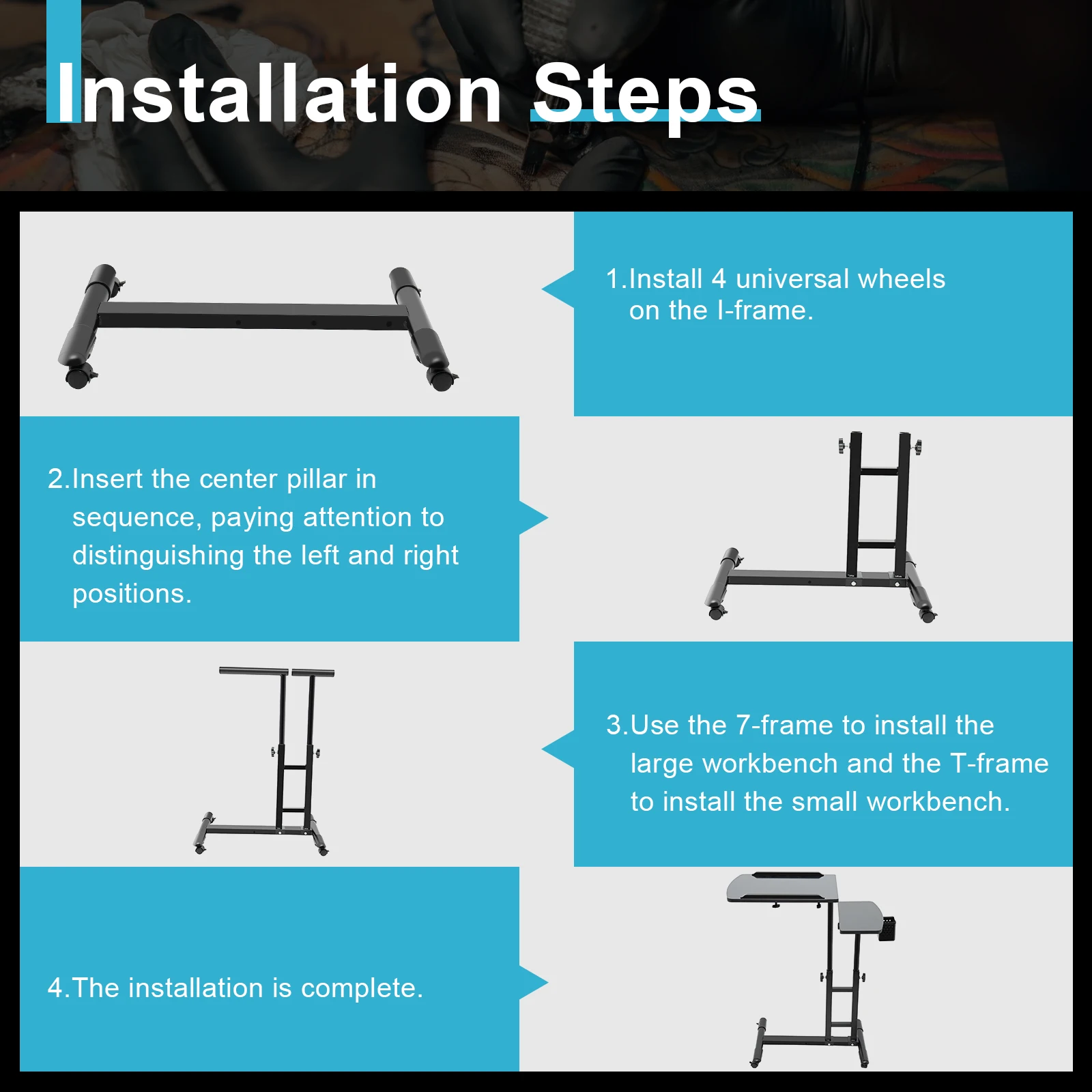 Black Adjustable Tattoo Workbench Stand Iron Density Board Baked Paint with Universal Wheels for Studio Home - Image 5