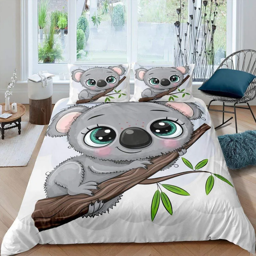 Cute Cartoon Koala Three Piece Duvet Set, Digital Printed Bedding Set, Bed Cover