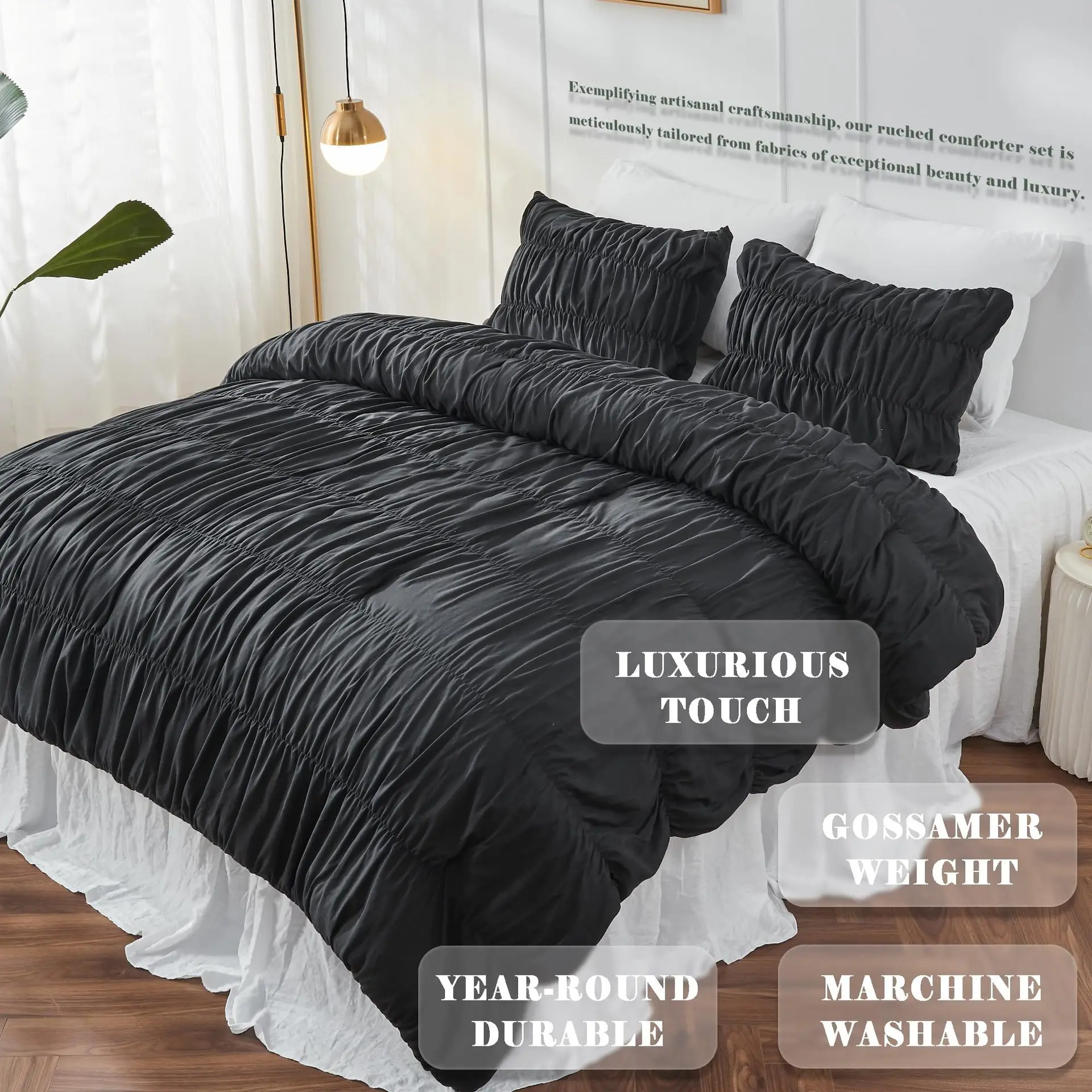 Ruched Black Duvet Cover Soft and Luxury Twin Queen King Comforter Cover Boho Shabby Chic Bedding Set - Fluffy 2/3 Piece Set - Image 4