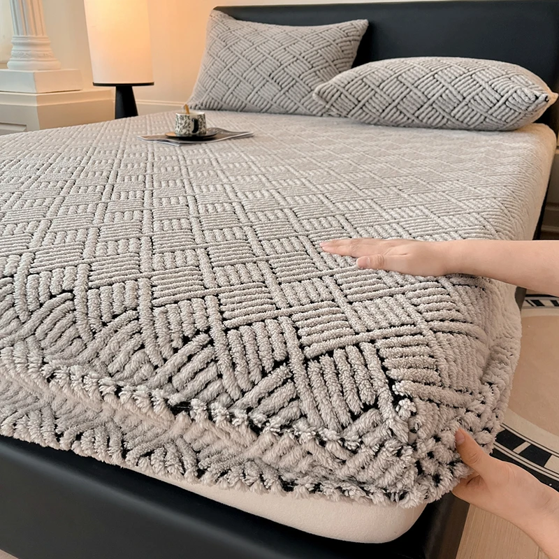 Bed Sheet with Elastic Band Single/Queen/King Fitted Sheet Mattress Cover Winter Warm Coral Fleece Fitted Bed Sheets for Bed