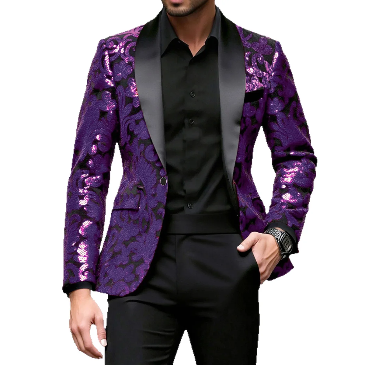 Shiny Sequin Embellished Single Button Stage Performance Outerwear in Blue Gold Green Purple Options for Men's Red Suit Jacket - Image 4