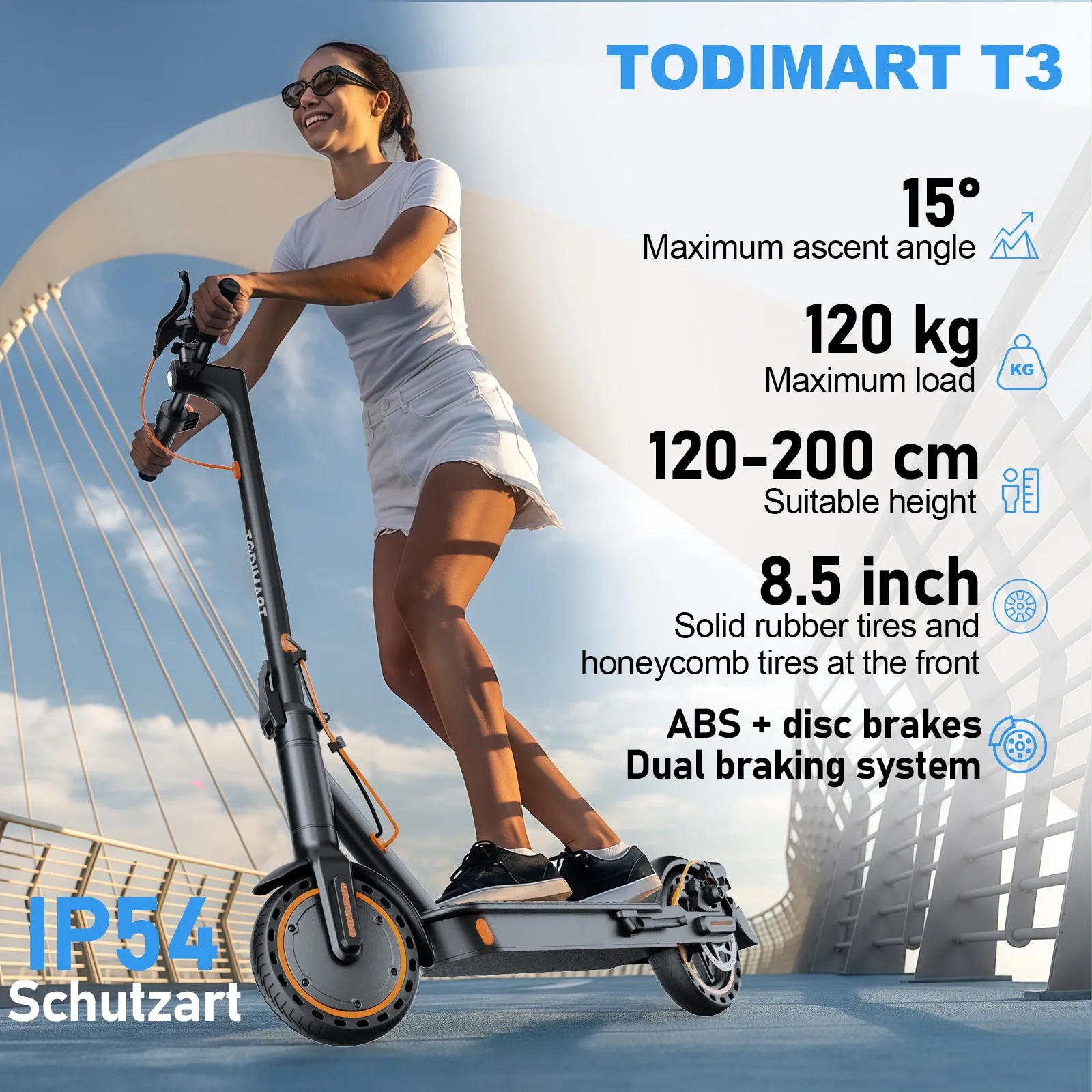 TODIMART T3 Foldable and Portable Electric Scooter with APP Control, 350W 36V 10.4Ah Motor, 25km/h Speed, 8.5" Tires - Image 4
