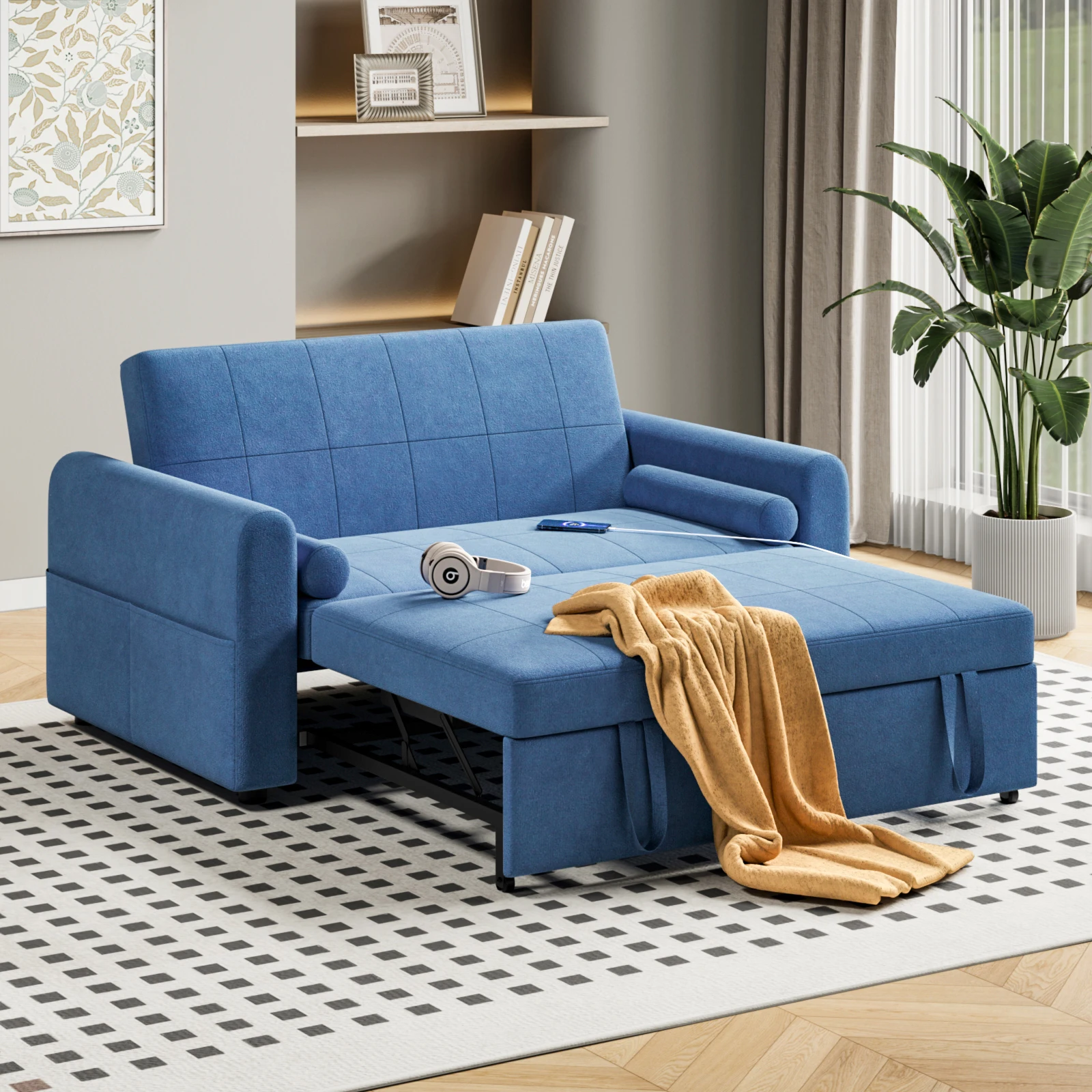 2 Seater Sofa Bed, 3-in-1 Convertible Pull Out Sleeper Sofa with 3-Position Adjustable Backrest, Side Pockets and USB - Image 5
