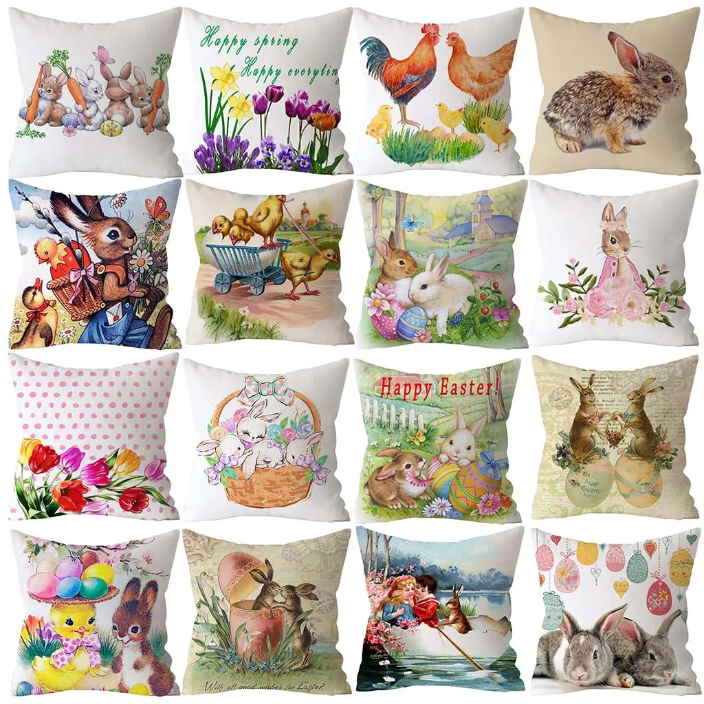 Spring Easter Home Decoration Cushion Cover Square Pillow Case Cartoon Rabbit Egg Print