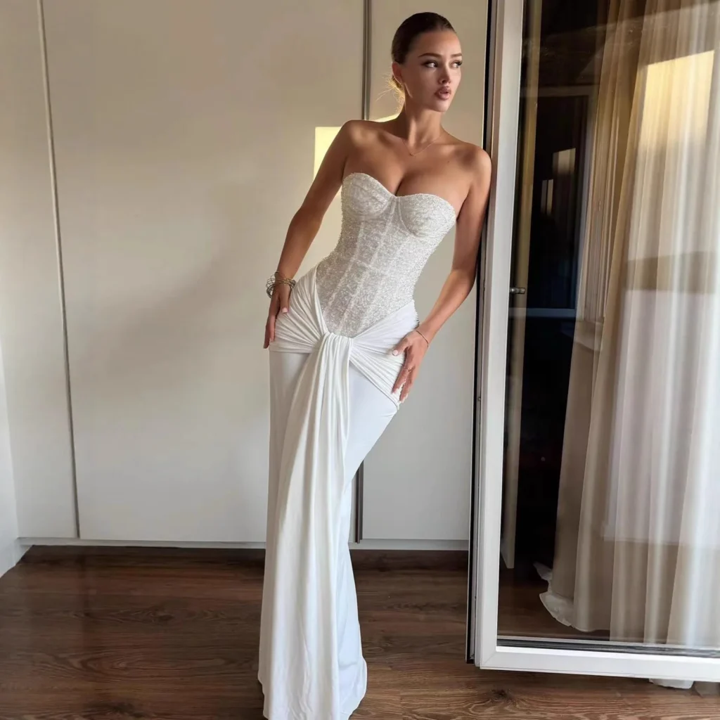 Suninheart Women's Evening Dress Luxury Elegant Velvet White Long One-piece Dress Gown Sequins Birthday Cocktail Party Dresses