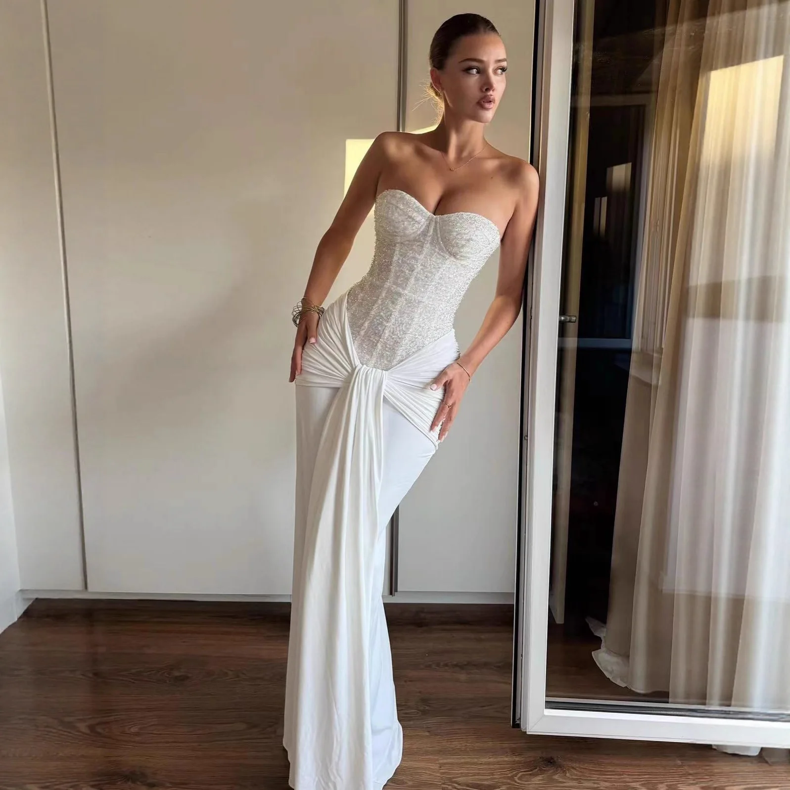 Suninheart Women's Evening Dress Luxury Elegant Velvet White Long One-piece Dress Gown Sequins Birthday Cocktail Party Dresses