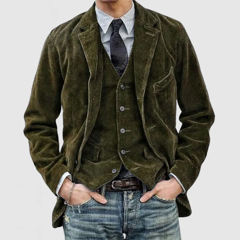 Men's Mid-Age High-End Corduroy Suit Jacket - Autumn & Winter Solid Color, Business Casual Style