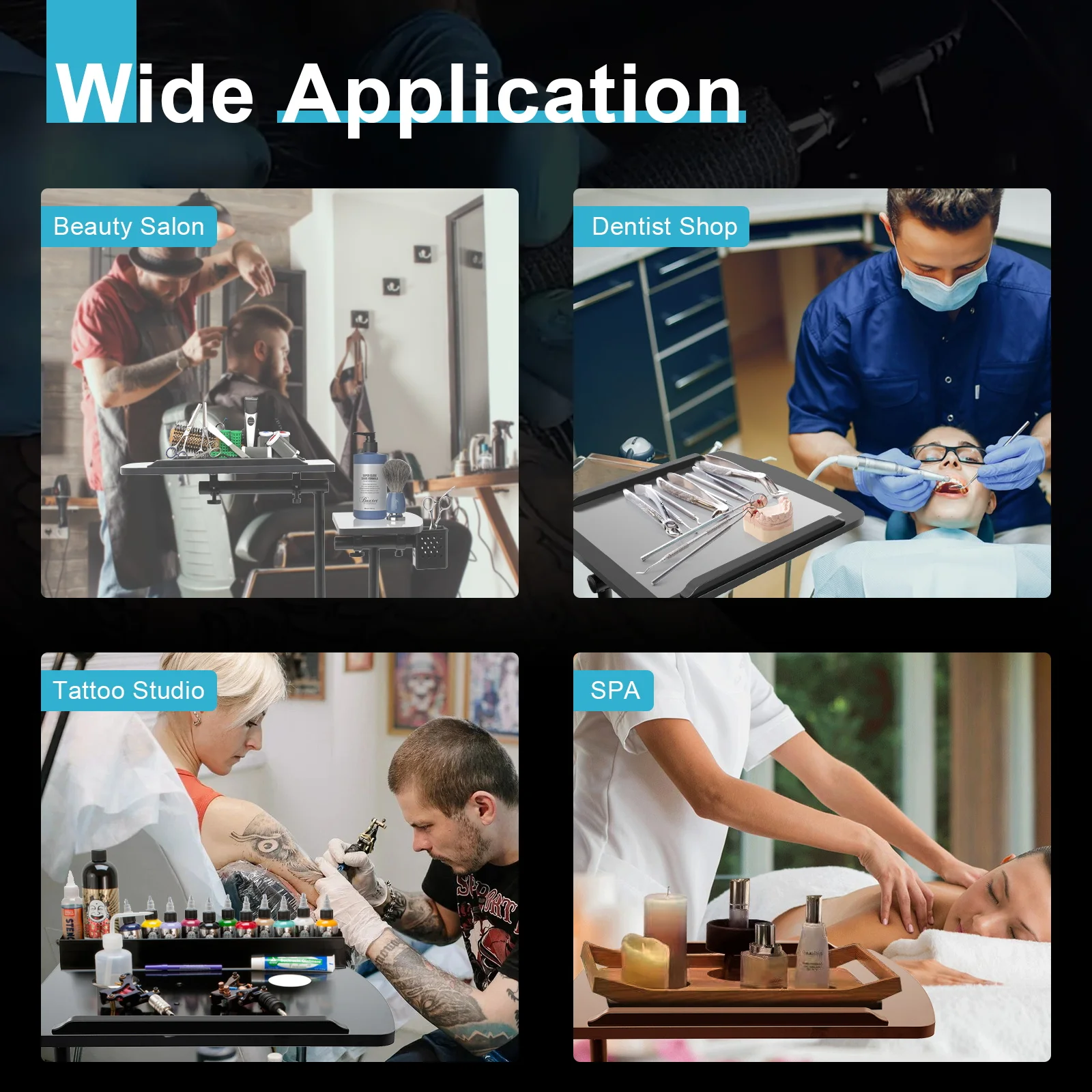 Black Adjustable Tattoo Workbench Stand Iron Density Board Baked Paint with Universal Wheels for Studio Home - Image 6