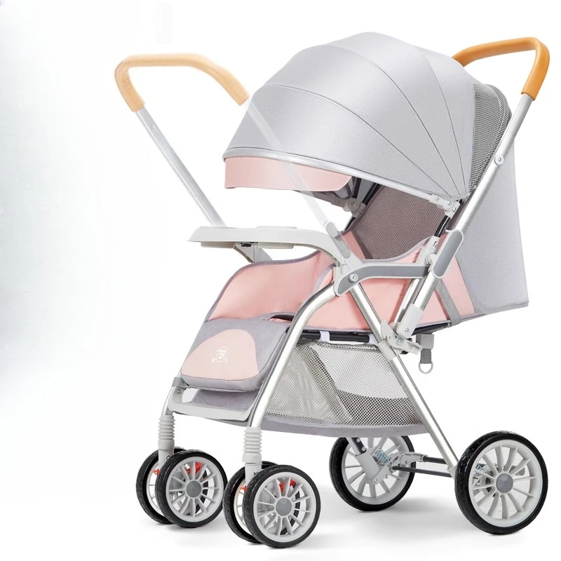 Reversible 4-Wheel Baby Stroller 5Level Canopy Breathable Mesh Ultra-Light Foldable Bassinet with Shock Absorption for Newborns