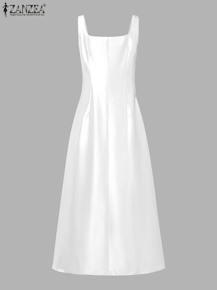 ZANZEA Women's Elegant White Satin Long Dresses Wedding Guest Cocktail Evening Party Dress Square Neck Sleeveless Woman Clothes - Image 5