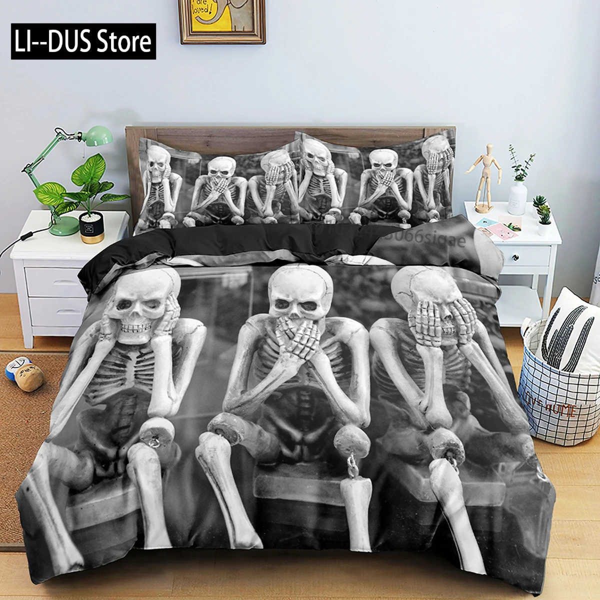 White And Black Skull Gothic Duvet Cover Skeletal Bedding Set Quilt Cover With Zipper Closure Queen Size Comforter Sets Decor - Image 3