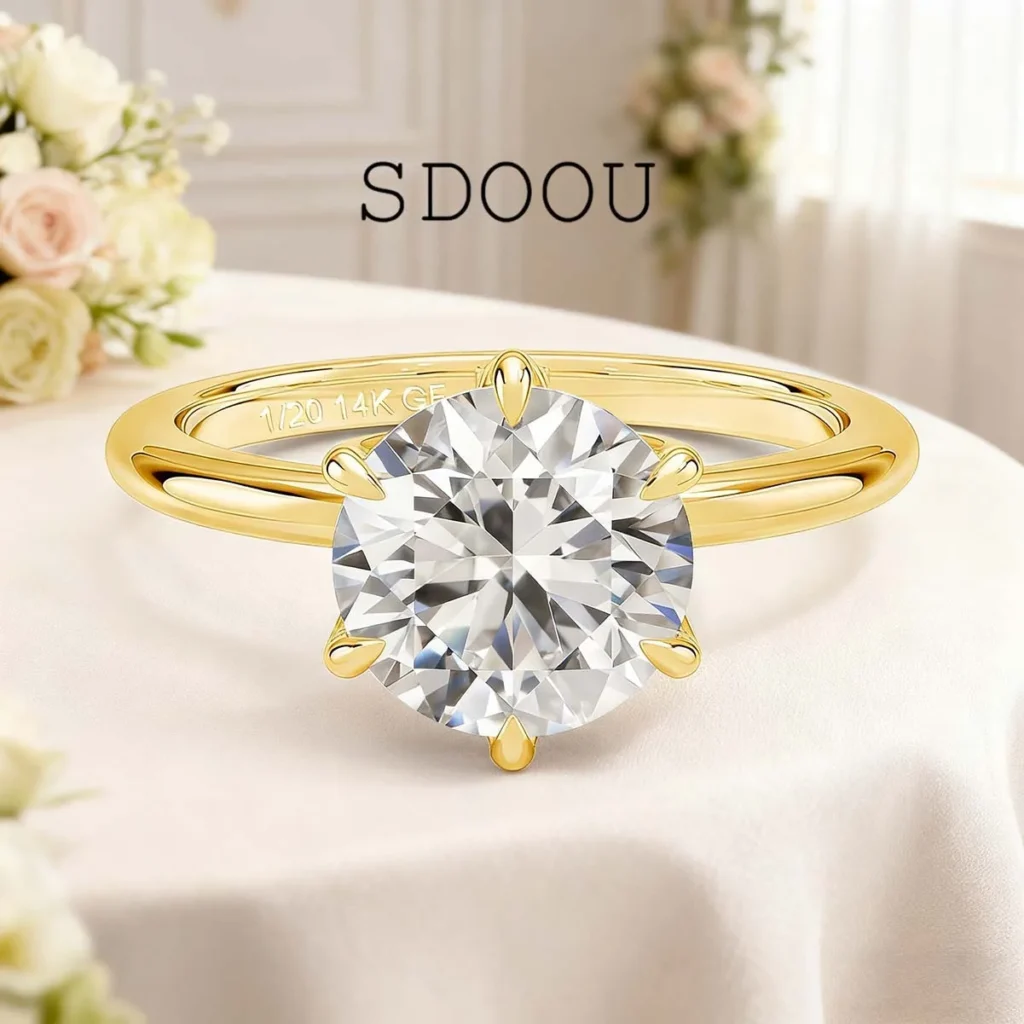 SDOOU Elegant 14K Gold Filled Six Claw Solitaire Moissanite Ring 1/2/3ct D VVS1 Round Cut Everyday Wear Jewelry Gift for Women
