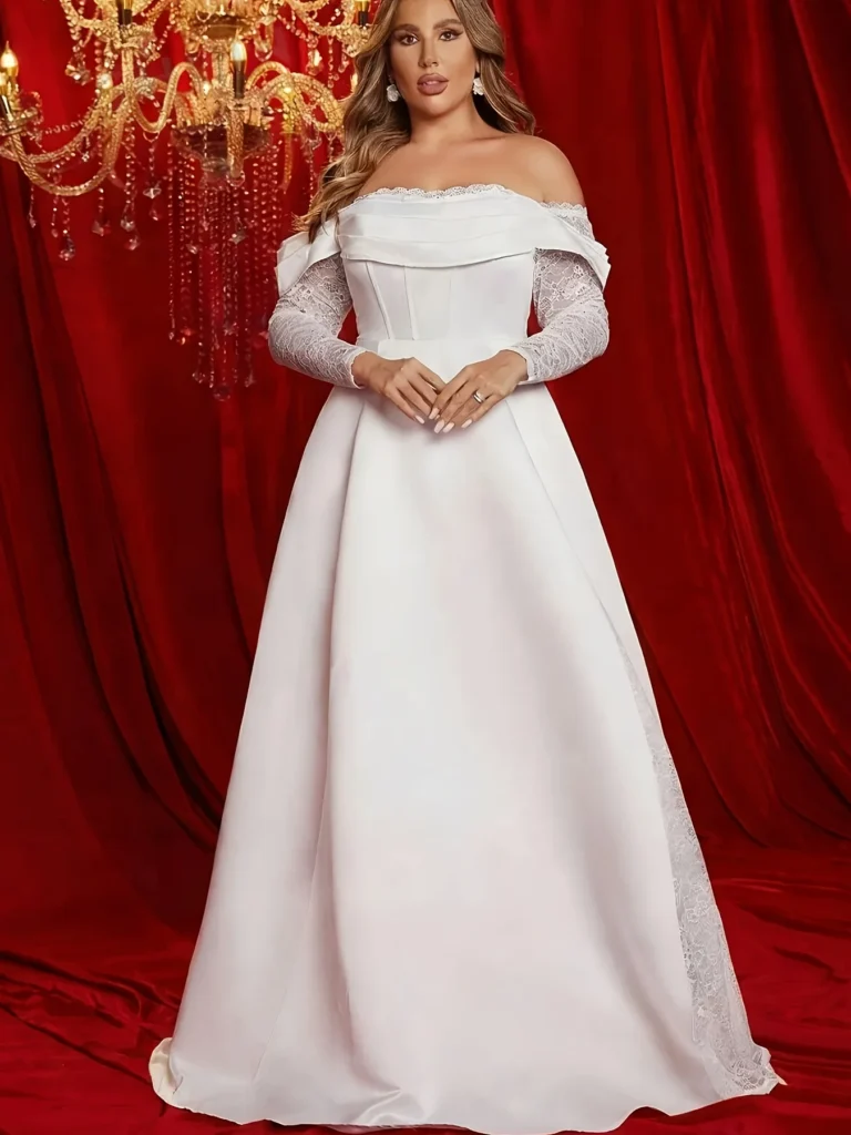 Plus Size White Off-Shoulder Wedding Dress, Lace Long Sleeve Satin A-Line Bridal Gown