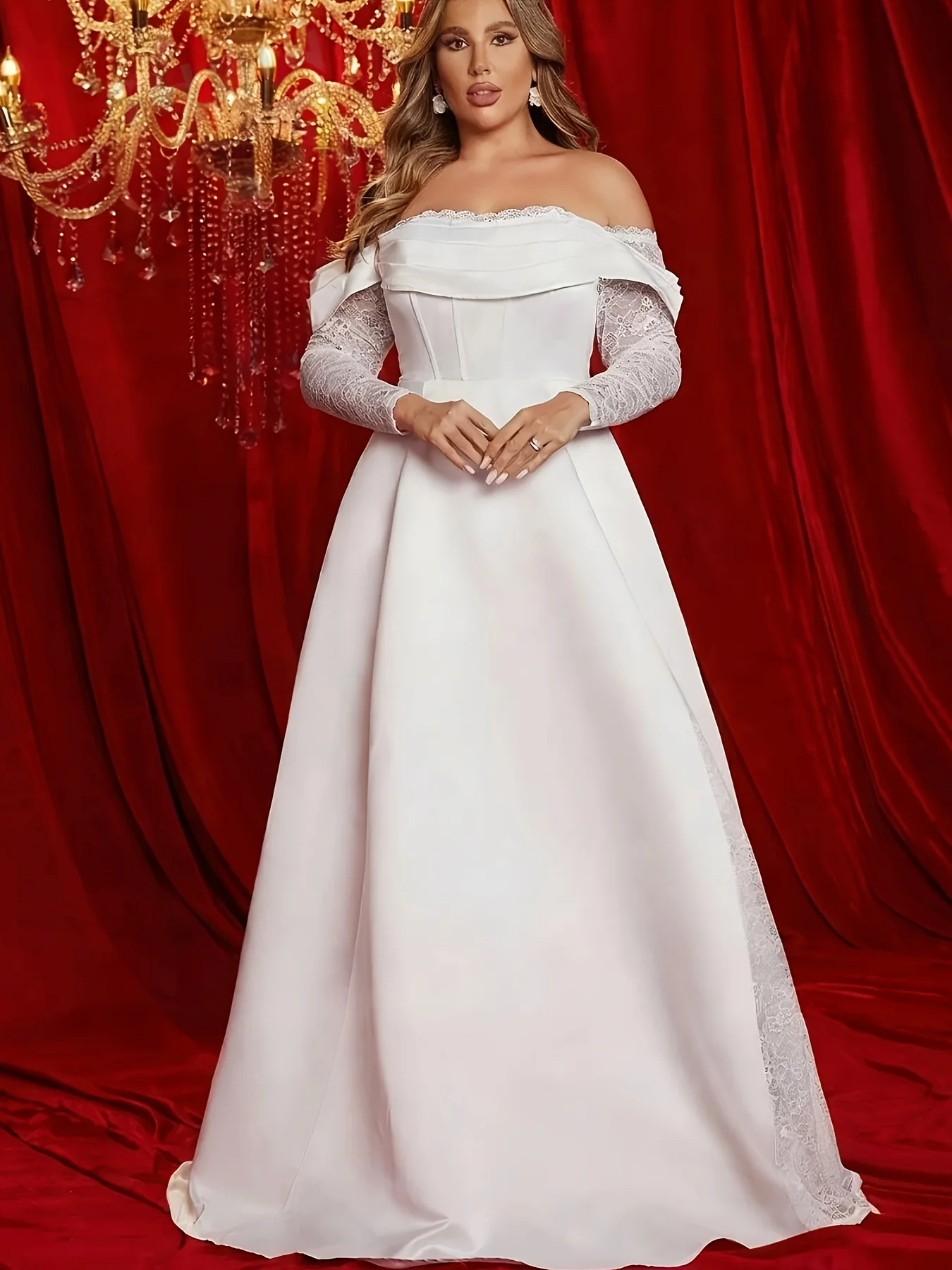 Plus Size White Off-Shoulder Wedding Dress, Lace Long Sleeve Satin A-Line Bridal Gown