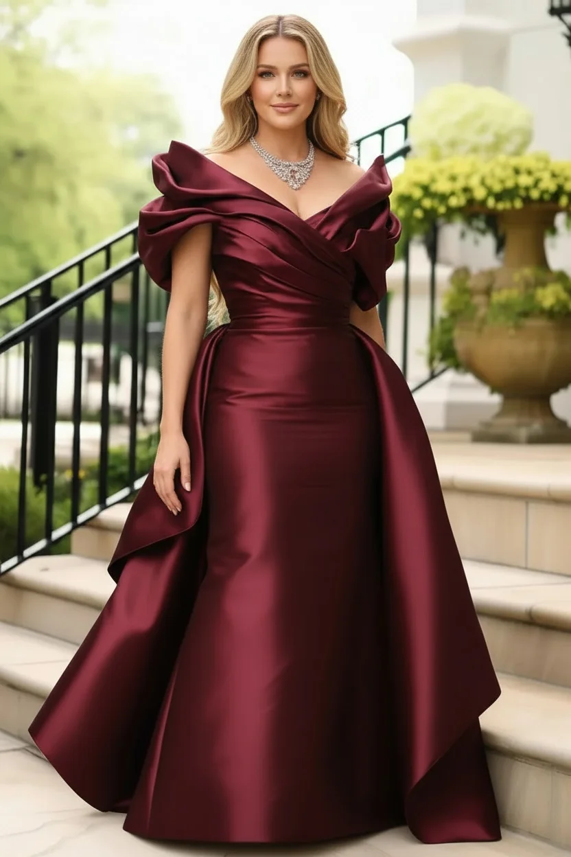 Plus Size Satin Evening Dress for Women's Off Shoulder Puff Sleeve Solid Elegant Cocktail Wedding Guest Maxi Dresses - Image 4