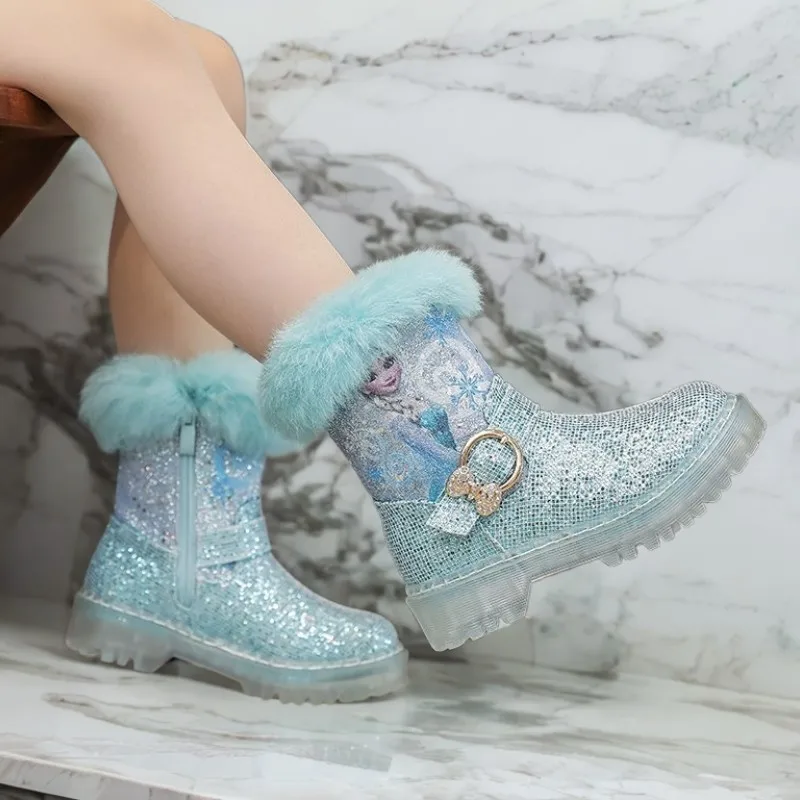 Disney Girls' Boots Winter Fashion Frozen Elsa Princess Boots Children's Short Girls' Cotton Fur Ankle Boots Girls' Pink Shoes