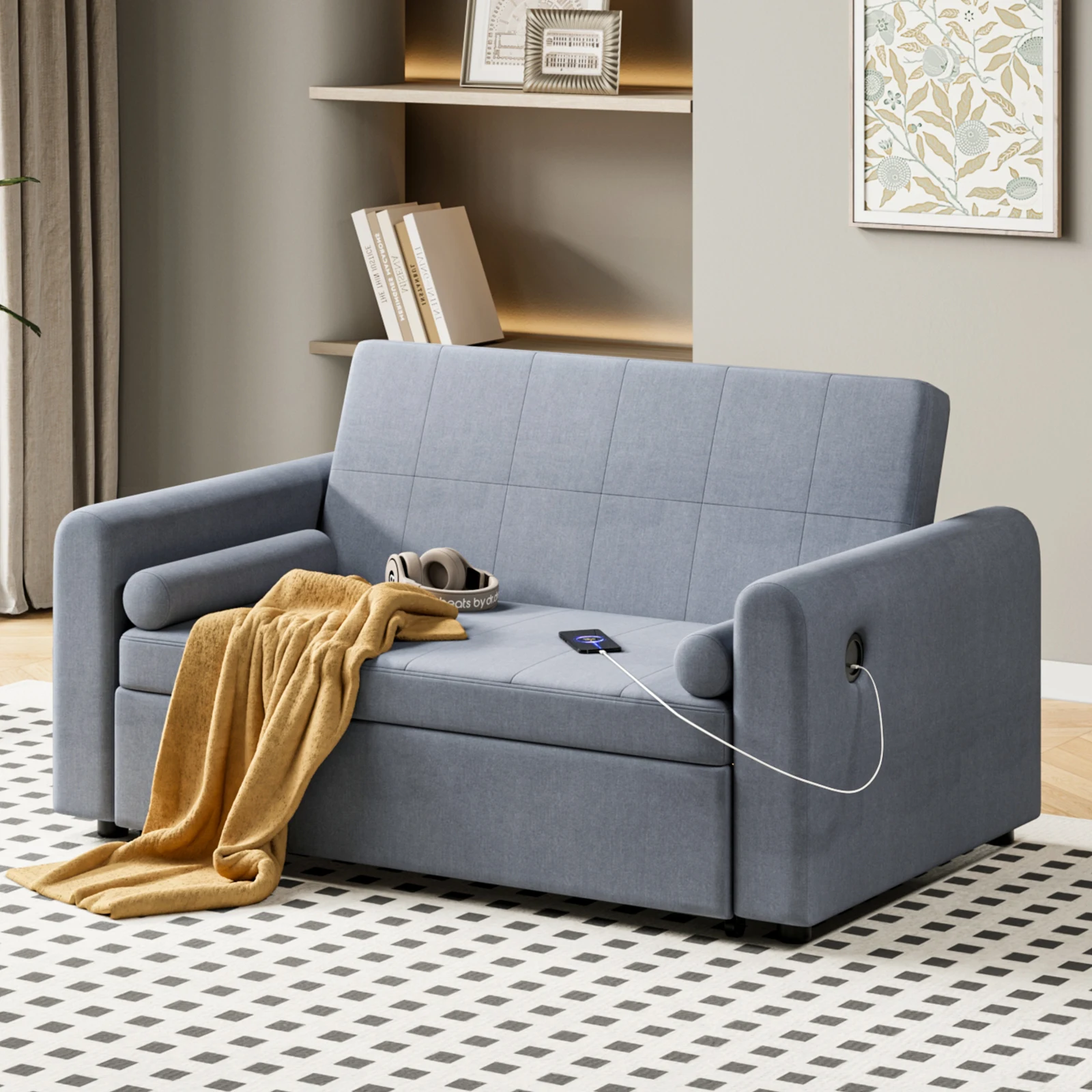 2 Seater Sofa Bed, 3-in-1 Convertible Pull Out Sleeper Sofa with 3-Position Adjustable Backrest, Side Pockets and USB - Image 2