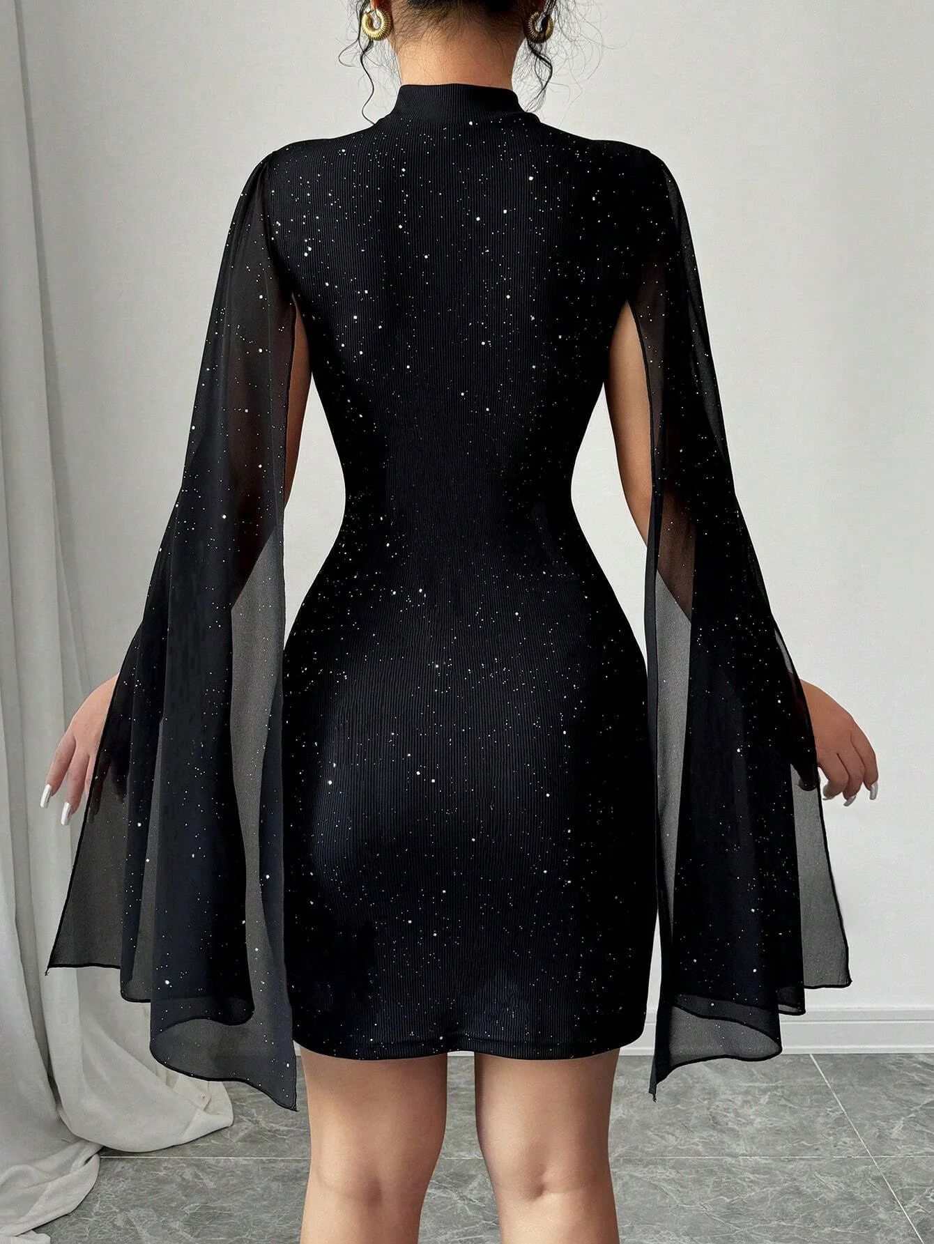 Sexy Women's Stand Collar Cape Mini Dress Sequins Sparkling Club Party Night Out Fitted Bodycon Elegant Autumn Winter - Image 2