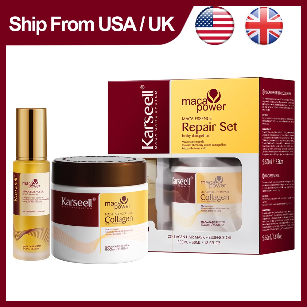 Karseell 2pcs Set Collagen Hair Mask 500ml 16.9 fl.oz + Argan Oil Hair Serum 50ml 1.69 fl.oz for Dry Damaged Hair All Hair Types
