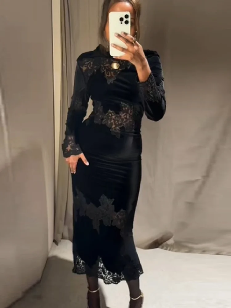 Women Elegant See Through Lace Long Dress Sexy Full Sleeve O-neck Slim Robe Fashion Split Skirt New Lady Club Party Commute Gown