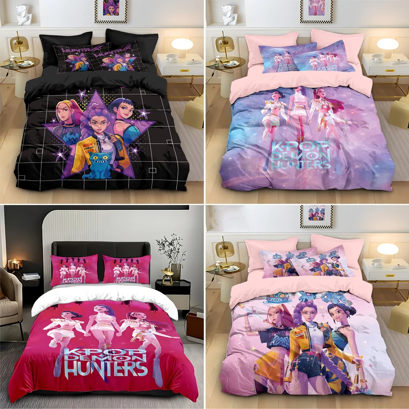 3pcs KPop Demon Hunters Quilt Cover Anime Pillowcase Duvet Cover Set for Women Girl Soft Cute Bedding Dormitory Cover Supplies