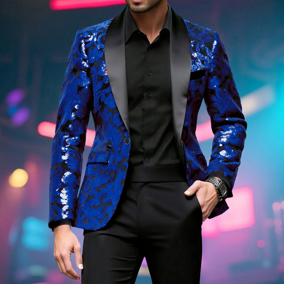 Shiny Sequin Embellished Single Button Stage Performance Outerwear in Blue Gold Green Purple Options for Men's Red Suit Jacket - Image 3
