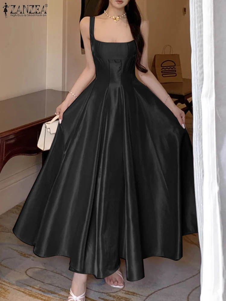 ZANZEA Women's Elegant White Satin Long Dresses Wedding Guest Cocktail Evening Party Dress Square Neck Sleeveless Woman Clothes - Image 3