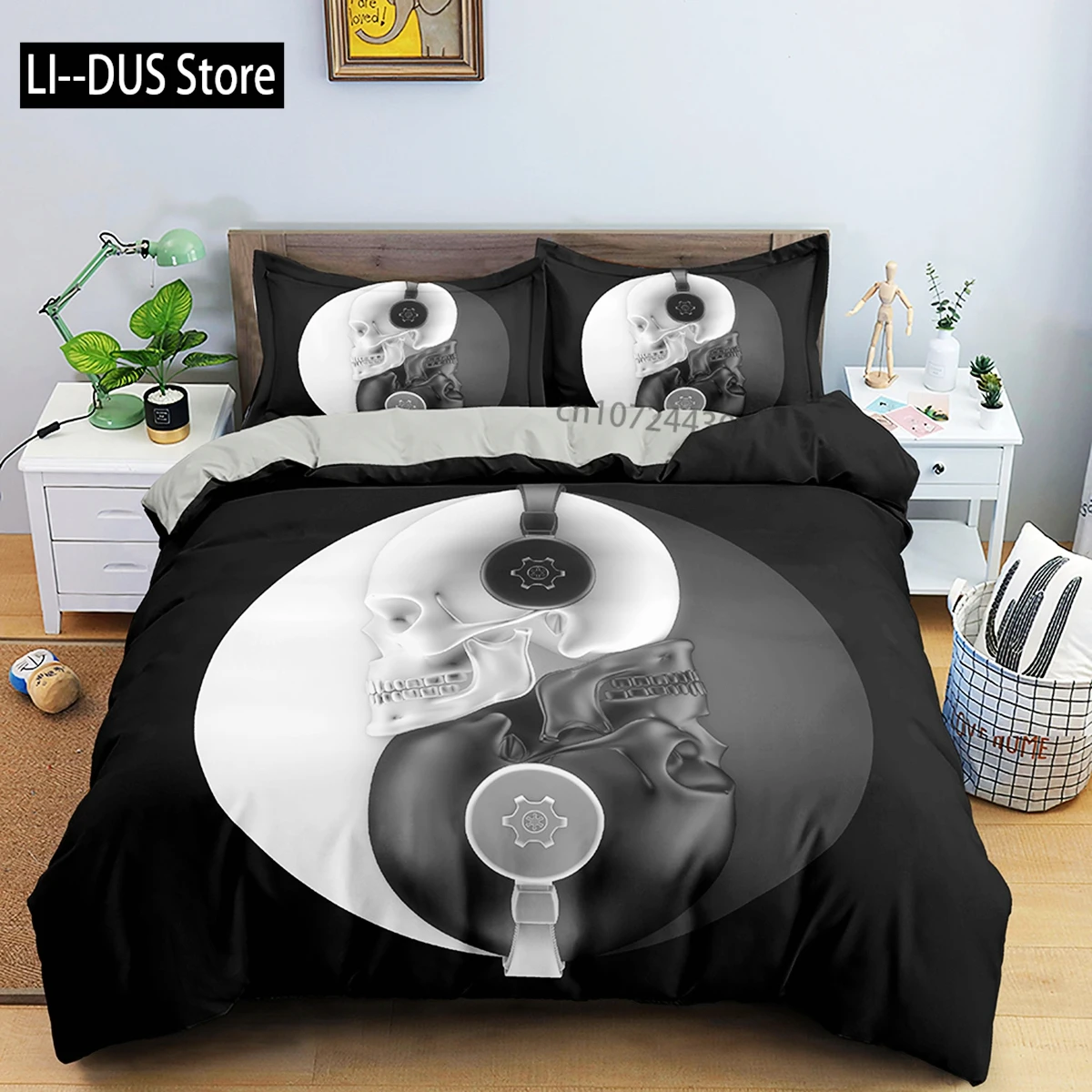 White And Black Skull Gothic Duvet Cover Skeletal Bedding Set Quilt Cover With Zipper Closure Queen Size Comforter Sets Decor - Image 5