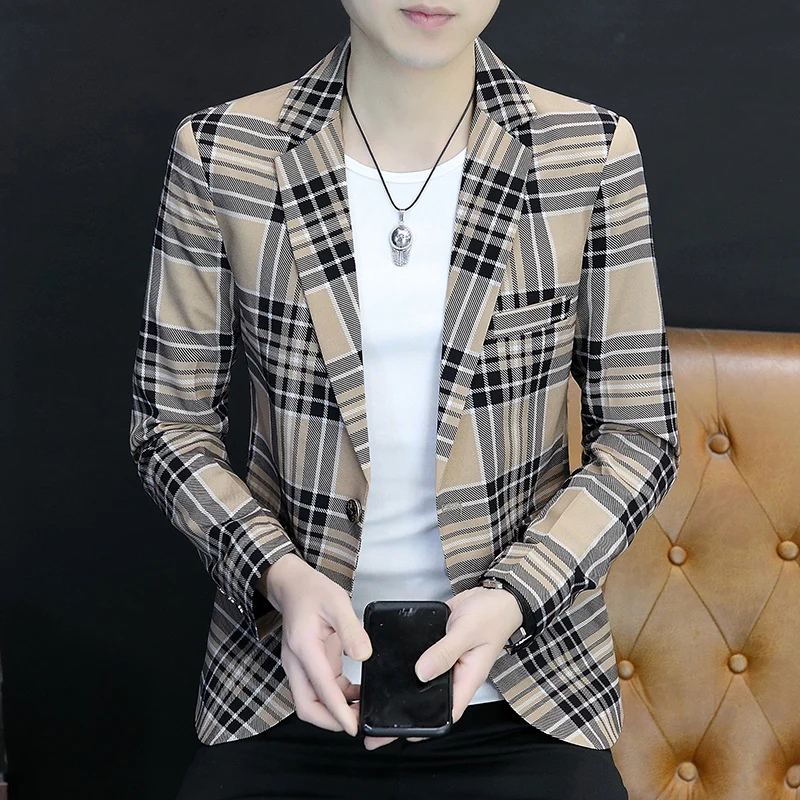 Spring Autumn 2024 Casual Checkered Slim Fit Men's Suit Jacket Korean Style Fashion Handsome Young Men's Clothing