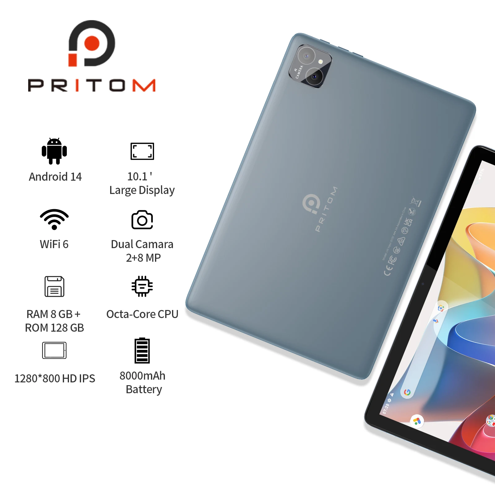 PRITOM TAB11 Android 14 Tablet, 10 Inch, Octa-Core, 5G WiFi6, 128GB, 8000mAh, HD IPS Display, Dual Camera, Bluetooth, FM, TYPE C - Image 2