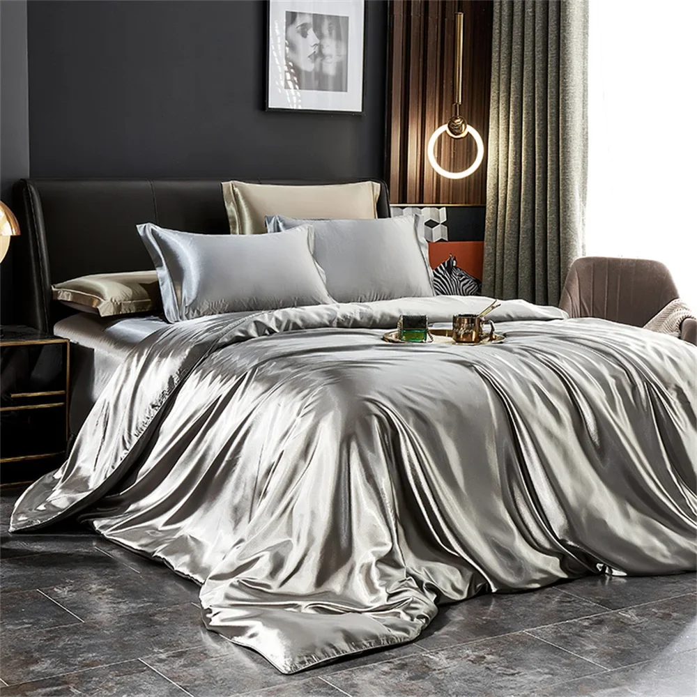 Solid Silk Bedding Set with Duvet Cover Bed Sheet Pillowcases Luxury Satin Single Double Bedsheet King Queen Twin Size
