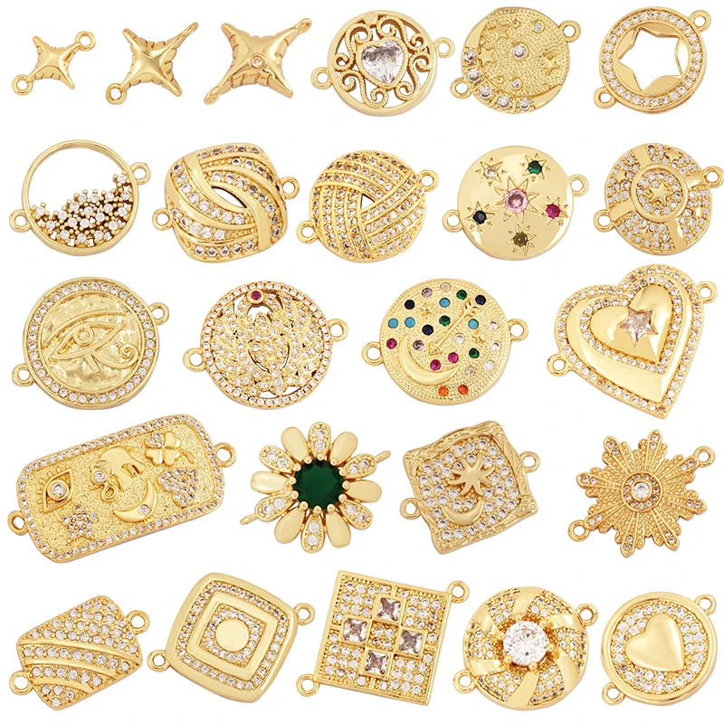 Trendy Star Moon Love Heart Flower Connector,18K Gold Plated CZ Charm Jewelry Findings Bracelet Necklace Accessories Supply M55