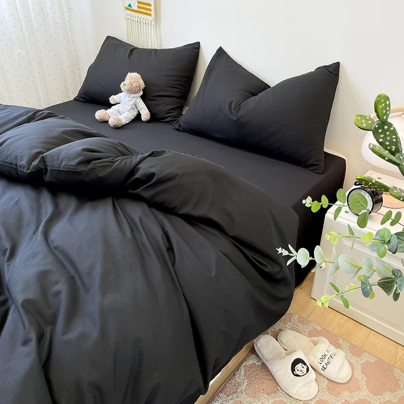Black Bedding Set Soft Bed Linen Set Washed Cotton Duvet Cover Pillowcase and Bedsheet постельное бельё набор Home Bedclothes - Image 3