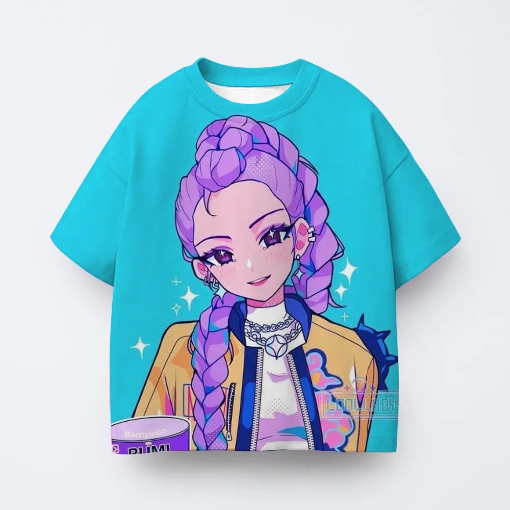 Demon Hunters Kpop T-shirt Girls Boys Short Sleeve Purple Tee Anime Children's Clothing Huntrix Tiger Harajuku Tops Tshirt Gifts - Image 3