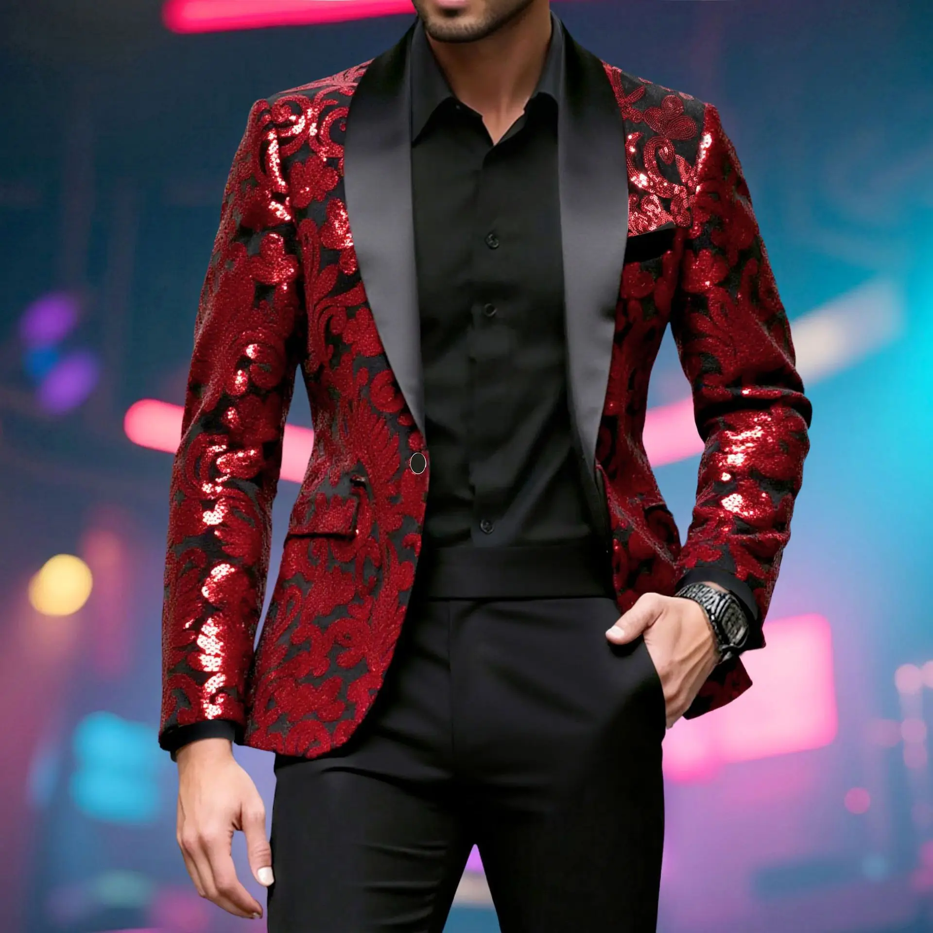 Shiny Sequin Embellished Single Button Stage Performance Outerwear in Blue Gold Green Purple Options for Men's Red Suit Jacket - Image 5