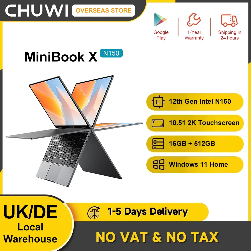 CHUWI Laptop MiniBook X N150 Windows 11 Home 10.51-inch FHD Touchscreen Computer Convertible 16GB RAM 512GB SSD 2-in-1 Tablet PC