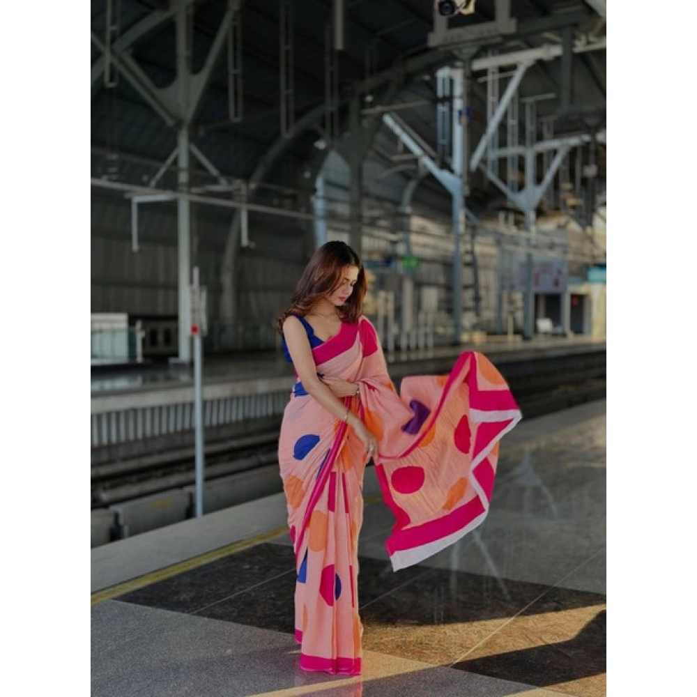 Generic Women's Linen Printed Saree With Unstitched Blouse 5.5MtrĀ (Orange) - Image 3