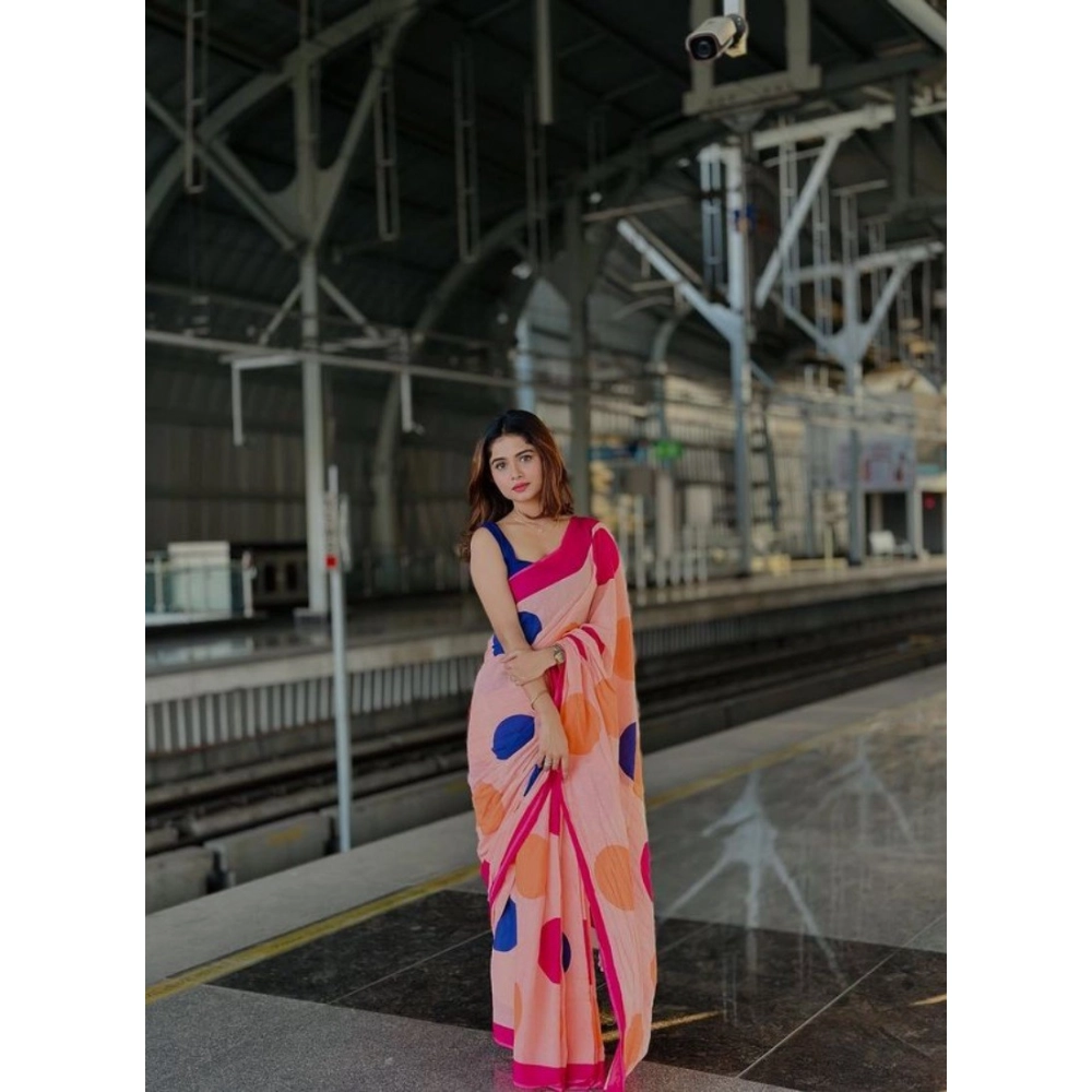 Generic Women's Linen Printed Saree With Unstitched Blouse 5.5MtrĀ (Orange) - Image 4