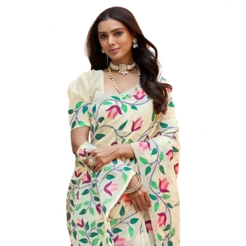 Generic Women's Georgette Printed Saree With Unstitched Blouse 5.5MtrĀ (Cream)