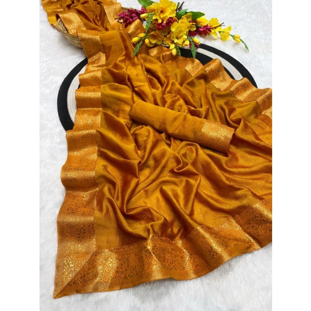 Generic Women's Vichitra Silk Printed Saree With Unstitched Blouse 5.5MtrĀ (Mustard) - Image 2